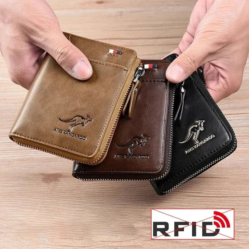 Carteira Masculina de Couro com Zíper, Porta-Cartões de Negócios, Luxo com Proteção RFID