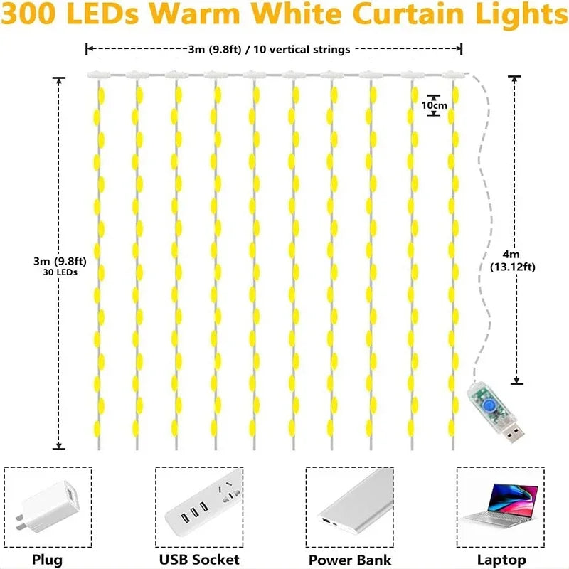 Cortina de Luzes LED 3M com Fios de Fada - Decoração USB com 8 Modos para Casa, Jardim, Natal, Festa de Ano Novo e Casamento