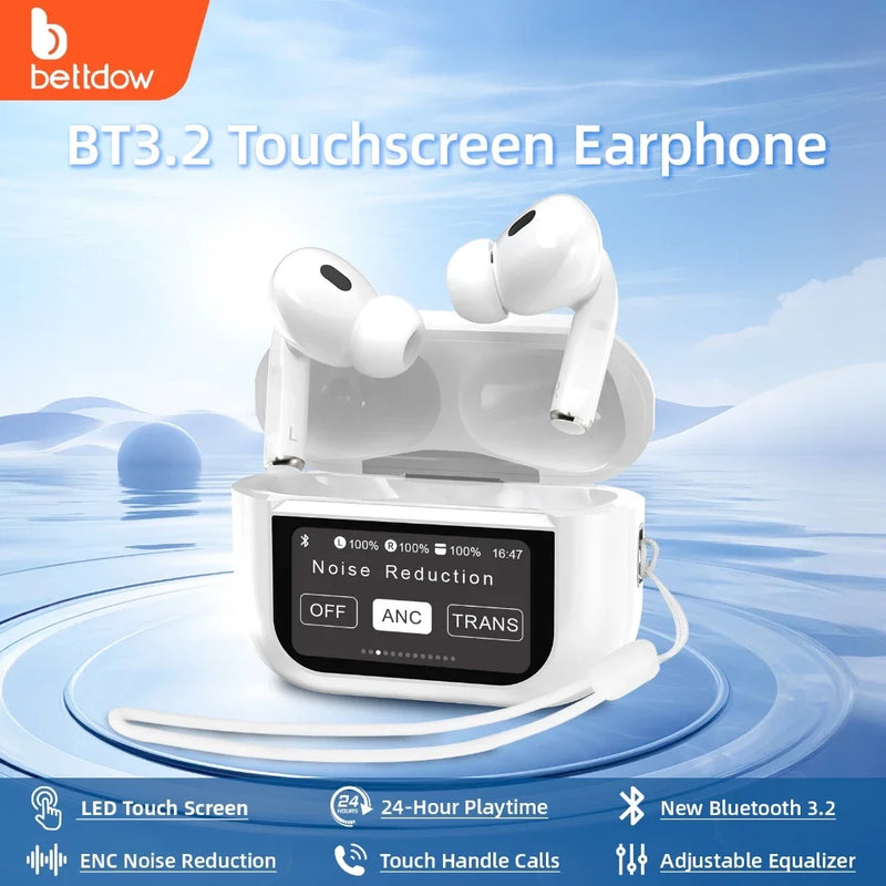 Bettdow Bluetooth Headset TWS com Tela LCD Touchscreen, ANC, V5.4, Redução de Ruído Ativa e Tela Inteligente