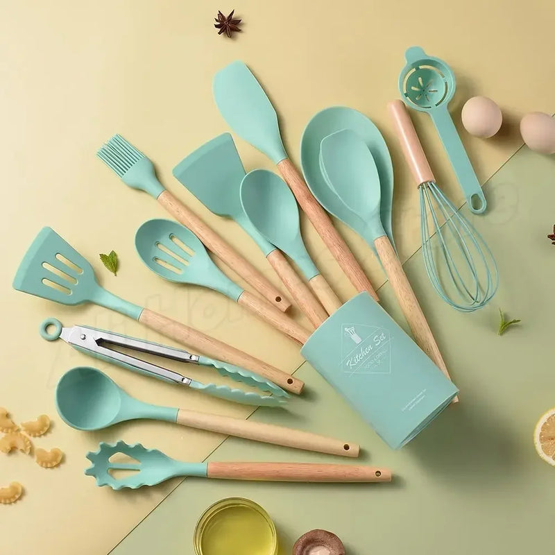 Kit de Cozinha 12 Peças Silicone Grau Alimentar – Espátula, Colher Medidora e Utensílios Práticos