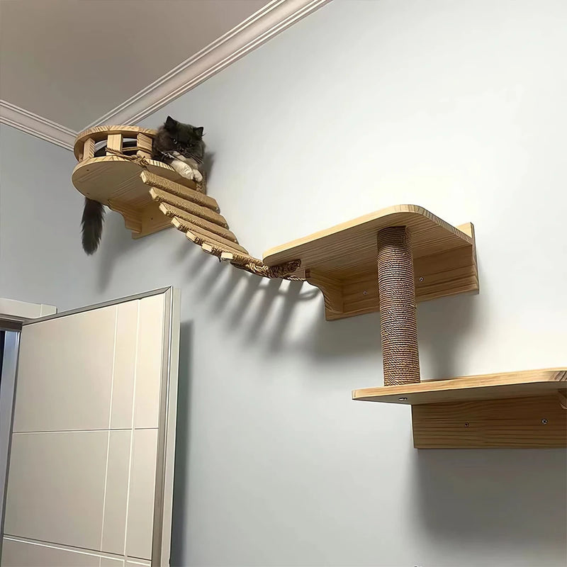 Ponte para Gatos com Escada de Sisal e Madeira - Posto de Arranhar, Brinquedo e Mobiliário para Gatos e Gatinhos, Diversos Tamanhos