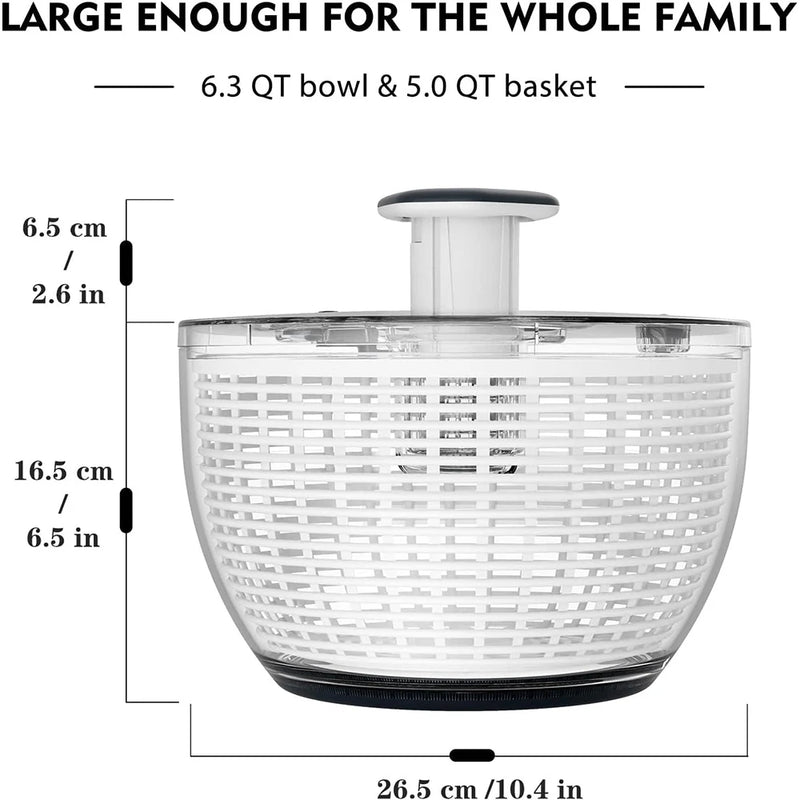 Centrífuga de salada LMETJMA 6,3 QT, ideal para secar vegetais e misturar saladas com facilidade. Tem operação simples com uma mão e é eficiente para lavagem e secagem de alface e outros vegetais.