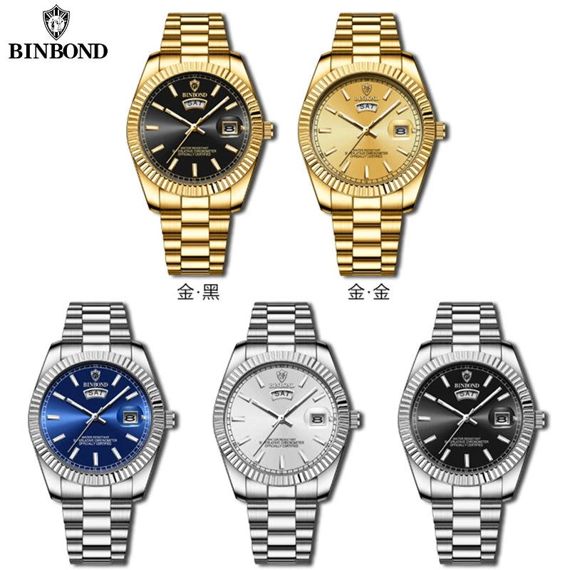 Relógio Masculino BINBOND B7012 Esportivo, Elegante, com Movimento de Quartzo, Resistente à Água 30M e Função de Calendário