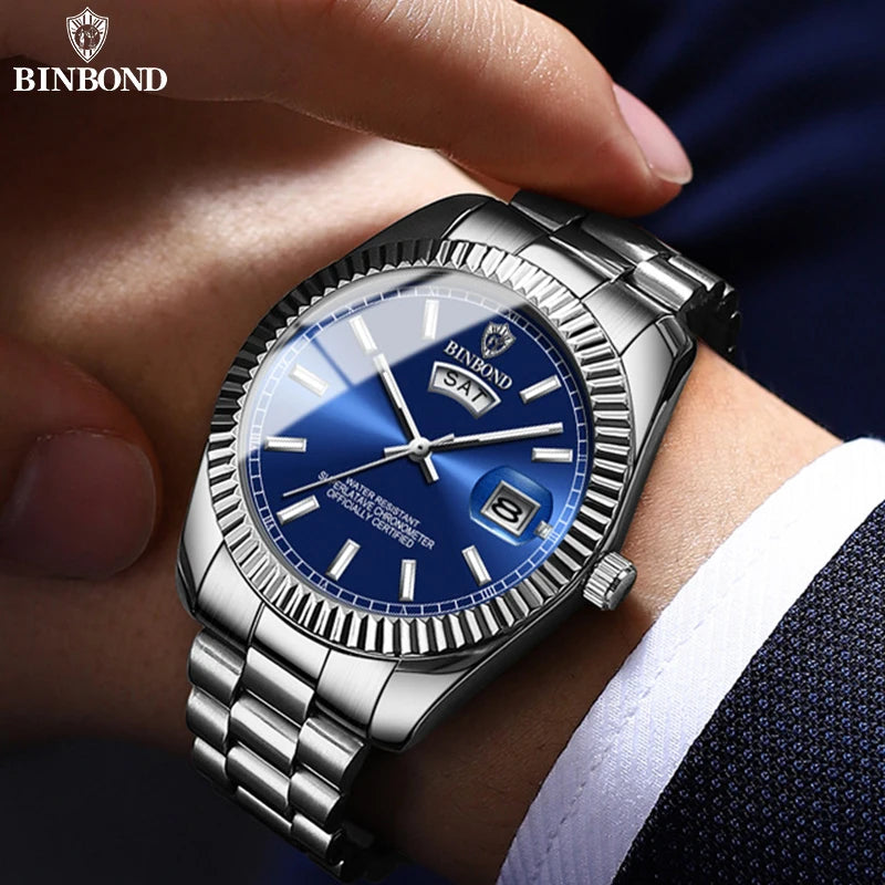 Relógio Masculino BINBOND B7012 Esportivo, Elegante, com Movimento de Quartzo, Resistente à Água 30M e Função de Calendário